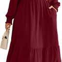 Women's Fall Dresses 2025 Puff Long Sleeve Square Neck Dress High Waist Smocked A-Line Flowy Wedding Party Plus Size Maxi Dress with Pockets Red 3XL