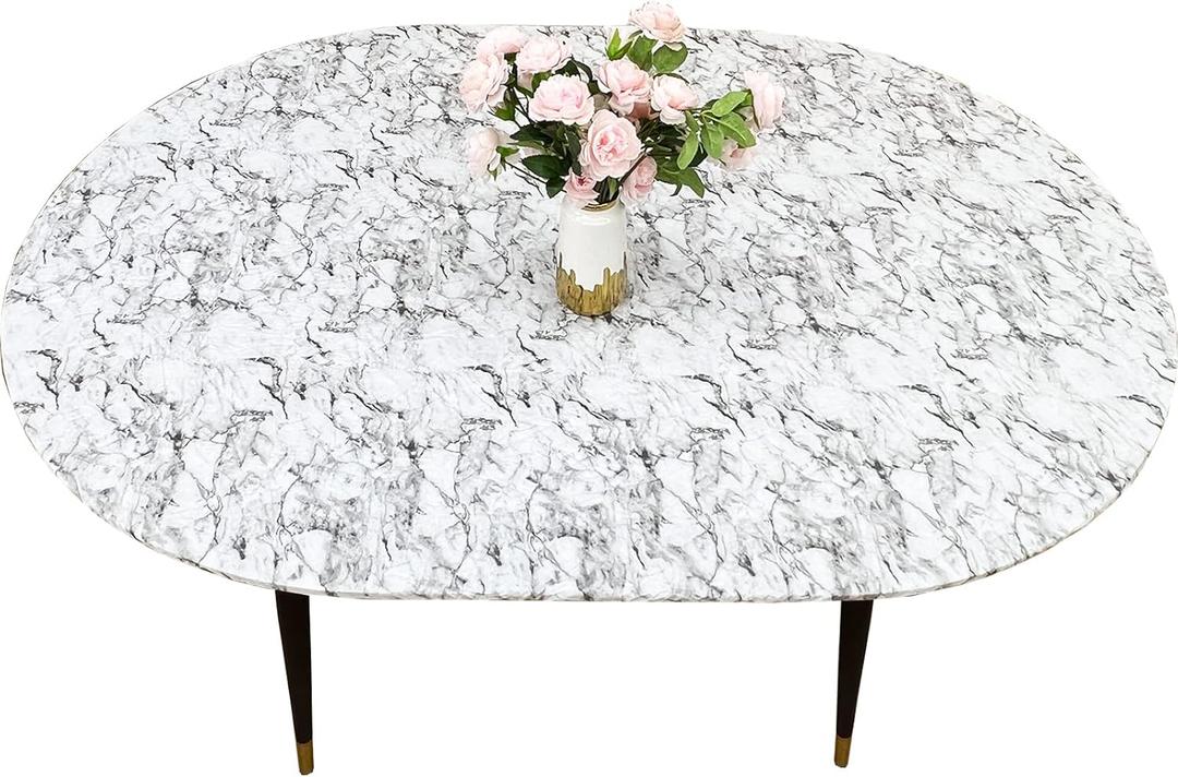 LIBERECOO Oval Tablecloth Vinyl Fitted Elastic Edge with Flannel Backing - Fits 48 x 68 Inch Oval Table - White Marble Pattern - Waterproof Wipeable Table Cover