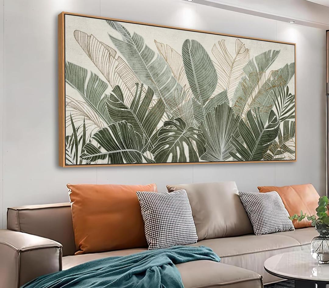 tigeridge Framed Canvas Wall Art - Tropical Green Leaf Pictures Banana Leaves Outlined in Green and Taupe Wall Decor Nature Botanical Painting Prints Artwork Home Office 20" x 40" Natural Frame