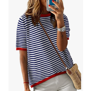 Womens Tops Casual Summer Crewneck Short Sleeve Striped Color Block Knit High Low Trendy Pullover Sweaters, XXL, Black
