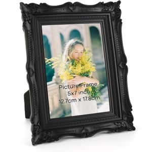 PHAREGE 5x7 Vintage Picture Frame Black, 5 by 7 Ornate Antique Picture Frame for Wedding, Retro Photo Frame Displays Horizontally or Vertically On Tabletop