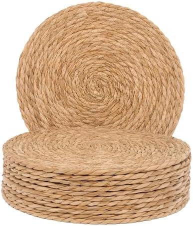 GENMOUS Woven Placemats Set of 12, 12" Round Placemats Natural Water Hyacinth Boho Placemats,Farmhouse Rattan Chargers for Dinner Plates, Rustic Braided Wicker Table Mats for Thanksgiving,Home,Wedding