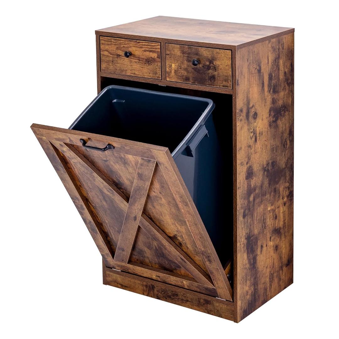Zvyteay 13 Gallons Tilt Out Trash Can Cabinet, Wooden Trash Cabinet with 2 Drawers, Free Standing Kichen Waste Bin Recycling Cabinet Pet Proof Hidden Trash Cabinet for Kitchen (Brown)