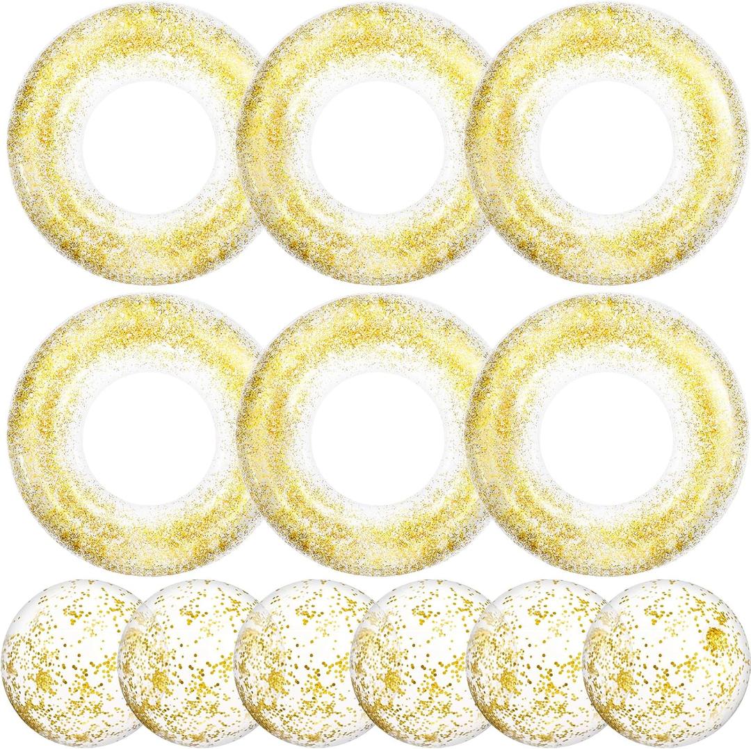 12 Pack Inflatable Pool Floats Set Include Swim Rings and Inflatable Beach Balls for Summer Party, 31 Inch & 16 Inch