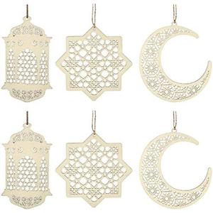 Pack of 4, Set of 6 Ramadan Kareem Wooden Ornaments Pendant Decoration Moon Lantern Star Shape Mubarak Eid Hanging Ornament for Ramadan Mubarak Eid Decorations