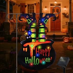 Halloween Lighted Garden Flag - 13x18-inch Waterproof Outdoor Witch Decoration with 24 Glow-in-The-Dark LED in 8 Patterns, Perfect for Yard, Porch, and Lawn Halloween Decorations (Sorceress)