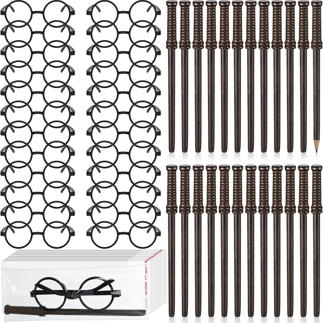 72 Pcs Wand Pencils and Glasses Wizard Halloween Party Favors, Including 24 Wizard Wand Pencils and 24 Plastic Costume Glasses Frame with 24 Storage Bags for Kids Theme Party Supplies