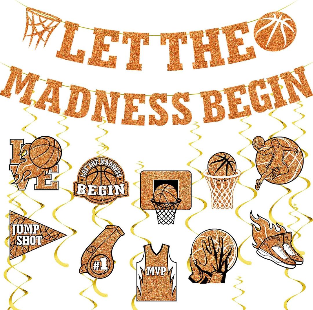HunnmingRe Let The Madness Begin Banner March Basketball Madness Decorations Basketball Hanging Swirl Decorations College Party Favors for Indoor Outdoor Party