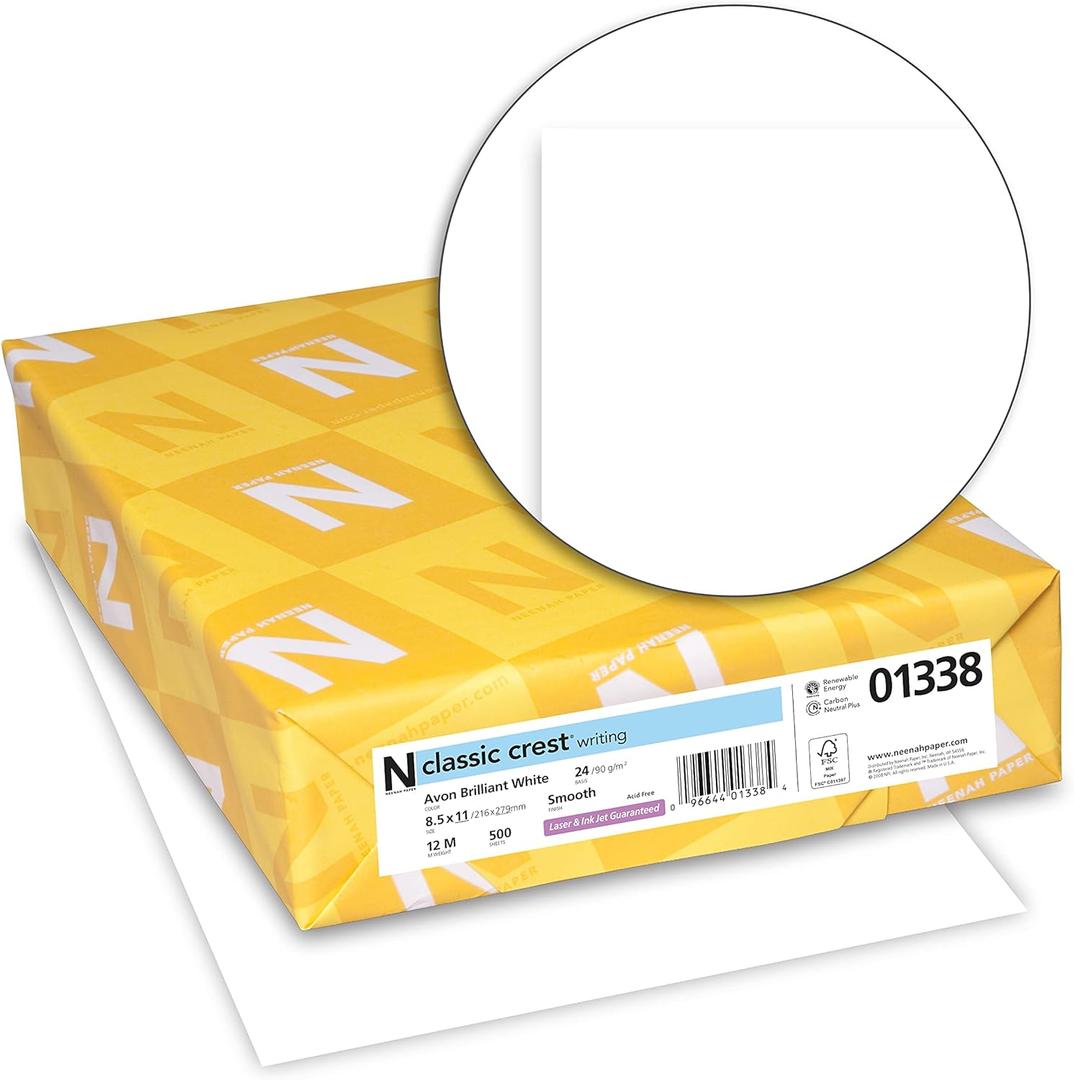 Neenah Paper 01338 CLASSIC CREST Writing Paper, 24lb, 93 Bright, 8 1/2 x 11, Avon White, 500 Sheets