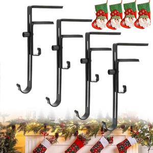 4PC Fireplace Stocking and Garland Hanger, 2025 New Adjustable 2-in-1 No Drill Fireplace Garland Hanger, Damage-Free Heavy Duty Adjustable Clamp for Thick Mantel, Black