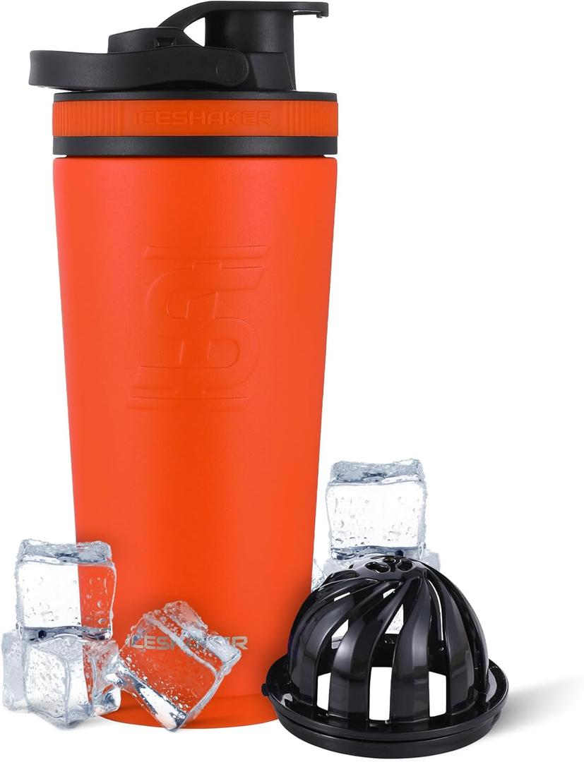 Ice Shaker Insulated Stainless Steel Shaker Bottle | 26oz, Orange | Cold for 30+ Hours | Insulated Cup with Twist-on Agitator | Odor-Free Bottle for Protein Shakes, Water, Smoothies, Cocktails