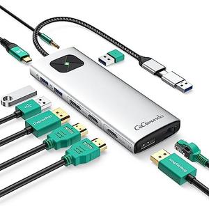 GiGimundo LK10 USB3.0 Displaylink Docking Station Dual 4K 60Hz for M1 M2 M3 MacBook/PC/Laptop, Portable DisplayLink Adapter with 3xUSB3.2 Ports, 2xHDMI, 2xDP, USB-C PD100W, Ethernet, Audio, Silver