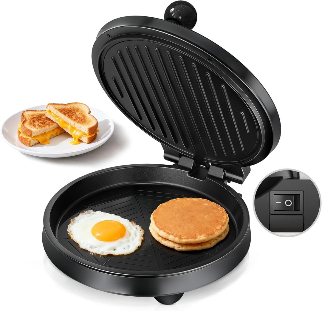3-in-1 Electric Griddle & Panini Press - CACHOO 8" Nonstick Round Griddle and Sandwich Press with On/Off Switch, 180 Open Design, Perfect for Pancakes, Omelettes, Quesadillas, Veggies (Black)