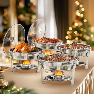 Chafing Dish Buffet Set, 5QT Round Chafing Dishes for Buffet with Glass Lid & Lid Holder, Stainless Steel Chafers for Catering, Parties, Events, Wedding, Camping, Dinner (4)