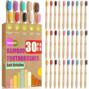 30 Pack Bamboo Toothbrushes  Soft Bristle, BPA-Free, Natural Wood Handle, Bulk Toothbrush Set for Adults Family Travel (Vibrant 10 Colors)