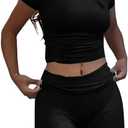 AYWA Women's Two Piece Sets Summer Slim Fitted Short Sleeve Tops Foldover Shorts Matching Lounge Sets M