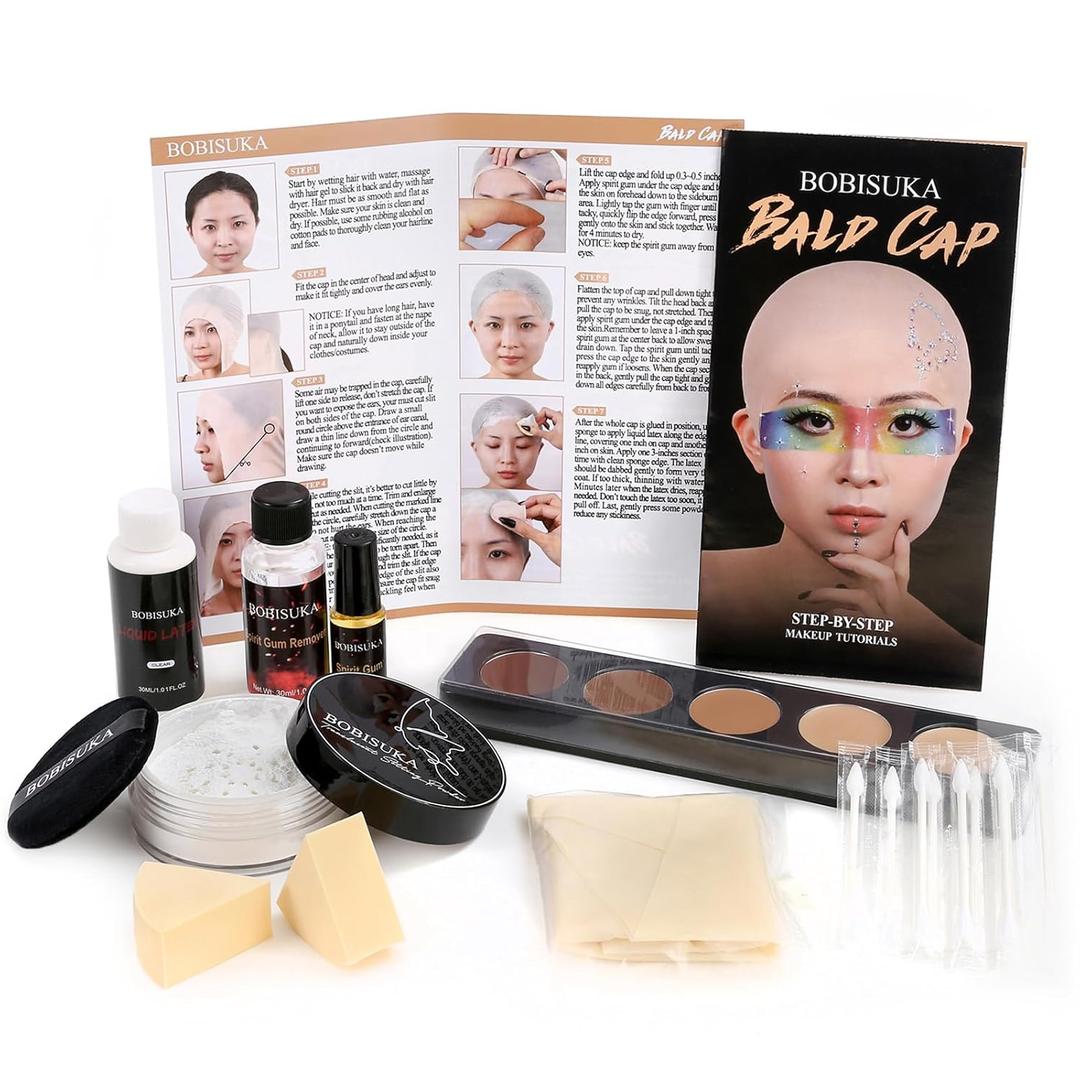 Bald Cap Halloween Makeup Kit for Men & Woman, Complete Bald Cap Costume Character Set, Realistic Bald Cap Kits for Cosplay Make Up, SFX Makeup, Dress-Up Party, Stage, Theater & Film