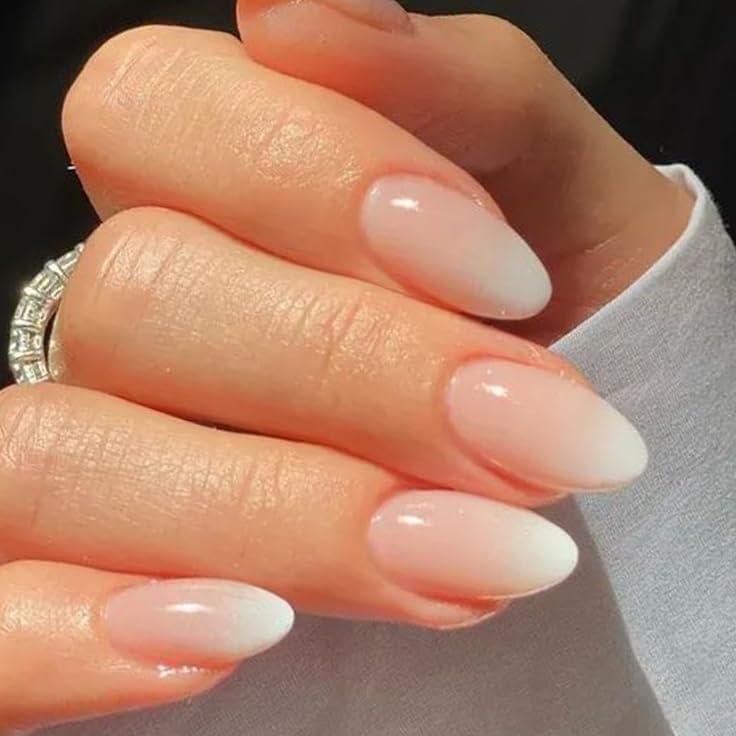 UNA GELLA Press On Nails Short Almond: Ombre Soft Gel Press Ons Kit with Nail Tips Glue on Nails, 16 Sizes  32 Reusable Fake Nails, Pink Cream