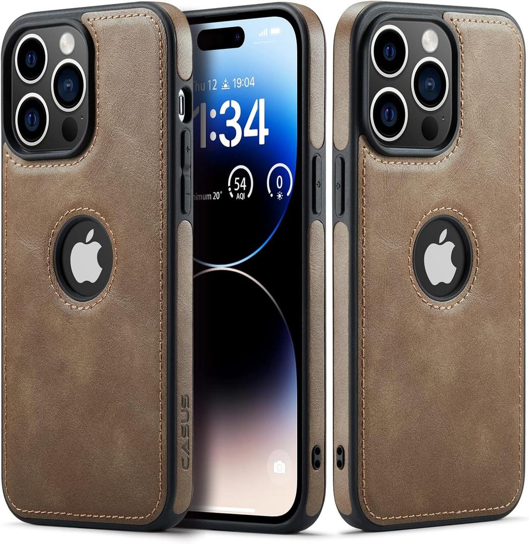 2 x Casus Designed for iPhone 14 Pro Max Case Vegan Leather Slim Logo View Classic Luxury Elegant Thin Protective Cover (2022) 6.7" (Gray)