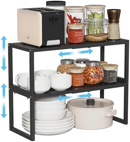 2 Pack Expandable Kitchen Cabinet Shelves Organizer,Heavy Duty Metal Shelving Units and Storage,Stackable Adjustable Kitchen Storage Organization Shelves Rack For Counter Cupboard Pantry,Length:20.5"