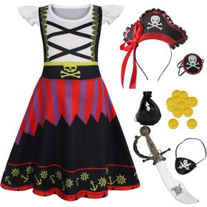 Eledobby Girls Pirate Costume Kids Halloween Dress Up Toddler Pirate Outfits Christmas Birthday Gift (Red) 140