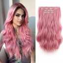 Wavy Natural Fake Hair Extensions Clips for Women Clip ins 4PCS Non-Weft Synthetic Fiber Long Invisible Extension 22Inch Hairpieces For Daily Date Use Light Pink