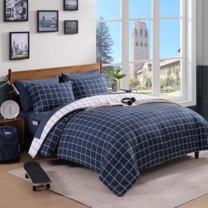 Plaid size 80*90 Comforter Set Dark Blue 5 Pieces College Dorm Bed in a Bag | Reversible Checkered Farmhouse Bedding Sets for Boys Girls Teen with Sheets, Pillowcase & Sham, size 80*90
