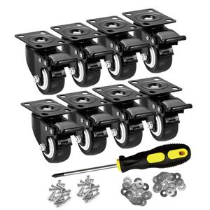 2" Caster Wheels Set of 8, Heavy Duty Casters with Brake, No Noise Locking Casters with Polyurethane (PU) Wheels, Swivel Plate Castors Pack of 8