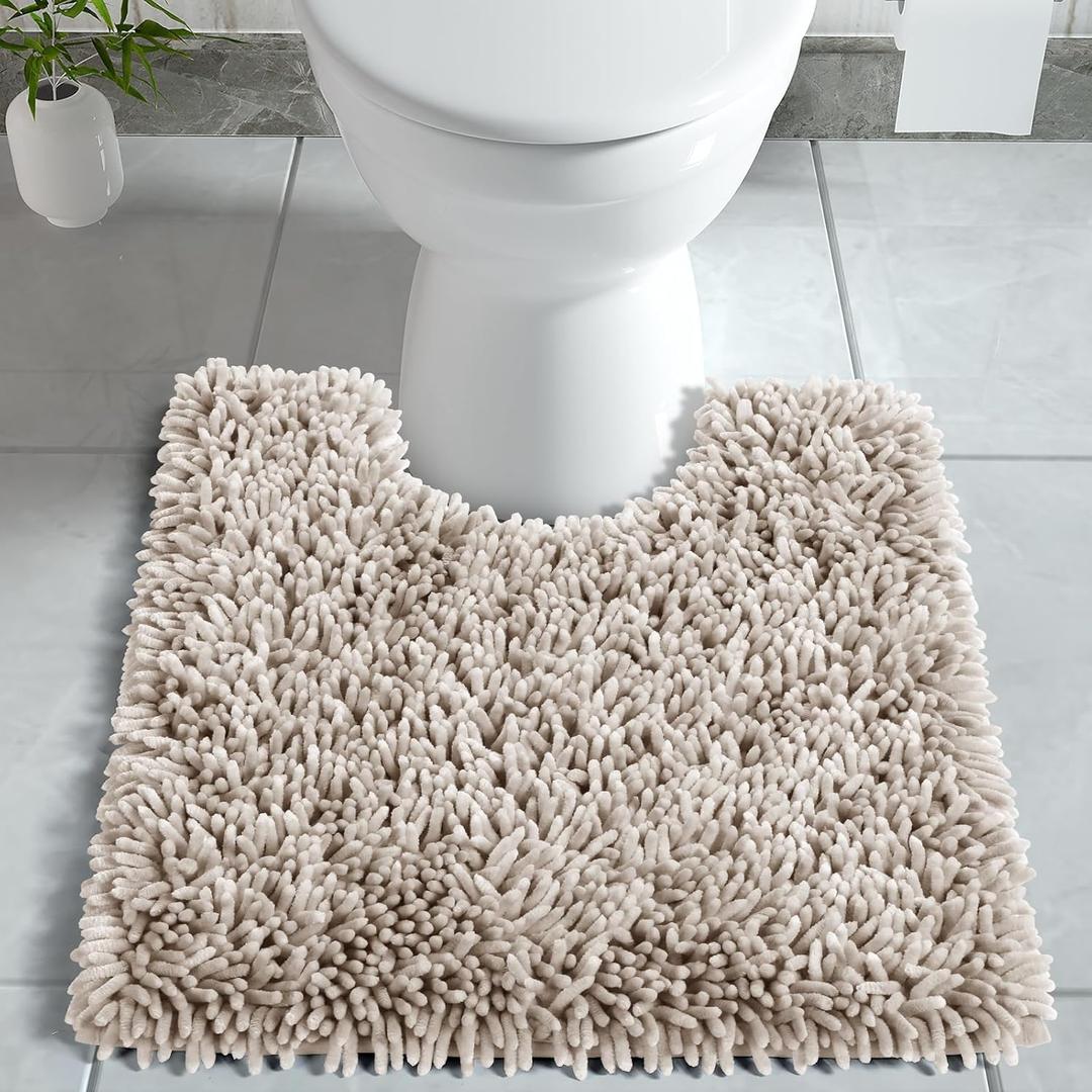 Yimobra Toilet Rugs U Shaped Washable, Soft Comfortable Toilet Mat for Bathroom Floor, Non-Slip Contour Bathroom Rugs for Toilet, Fluffy, Thick, Dry Quickly Absorbent Water, 24.4 x 20.4, Khaki