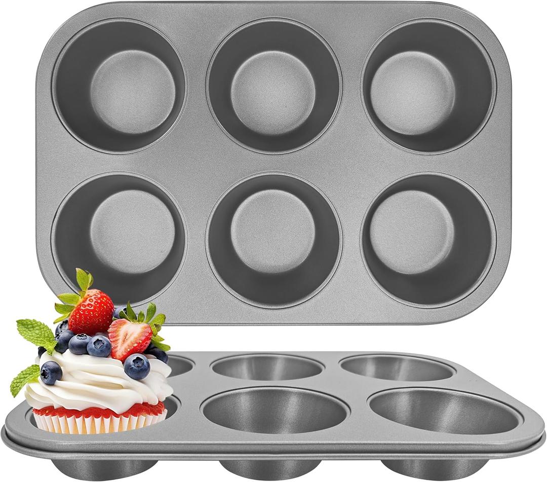Satax Muffin Pan for Baking, Nonstick Cupcake Tin 6 Cup, sets of 2,Heavy Duty Steel Muffin Pan (Silver, 6-cup)