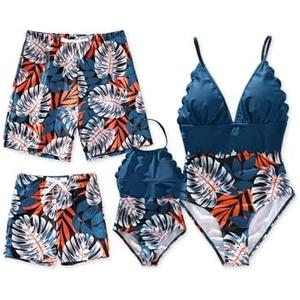 PATPAT Mommy and Me Matching Swimsuit：One Piece V Neck Bathing Suits Leaves Printed Family Swimwear Matching Set, Size XL