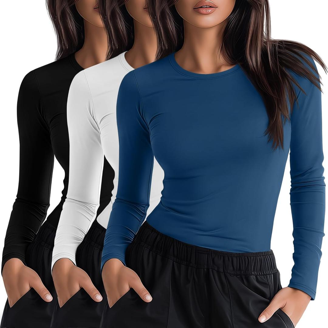 Neer 3 Pack Womens Underscrub Shirts Long Sleeve Crewneck Tops Fitted Layering Clothes Comfort Knit Tops for Nurse Small