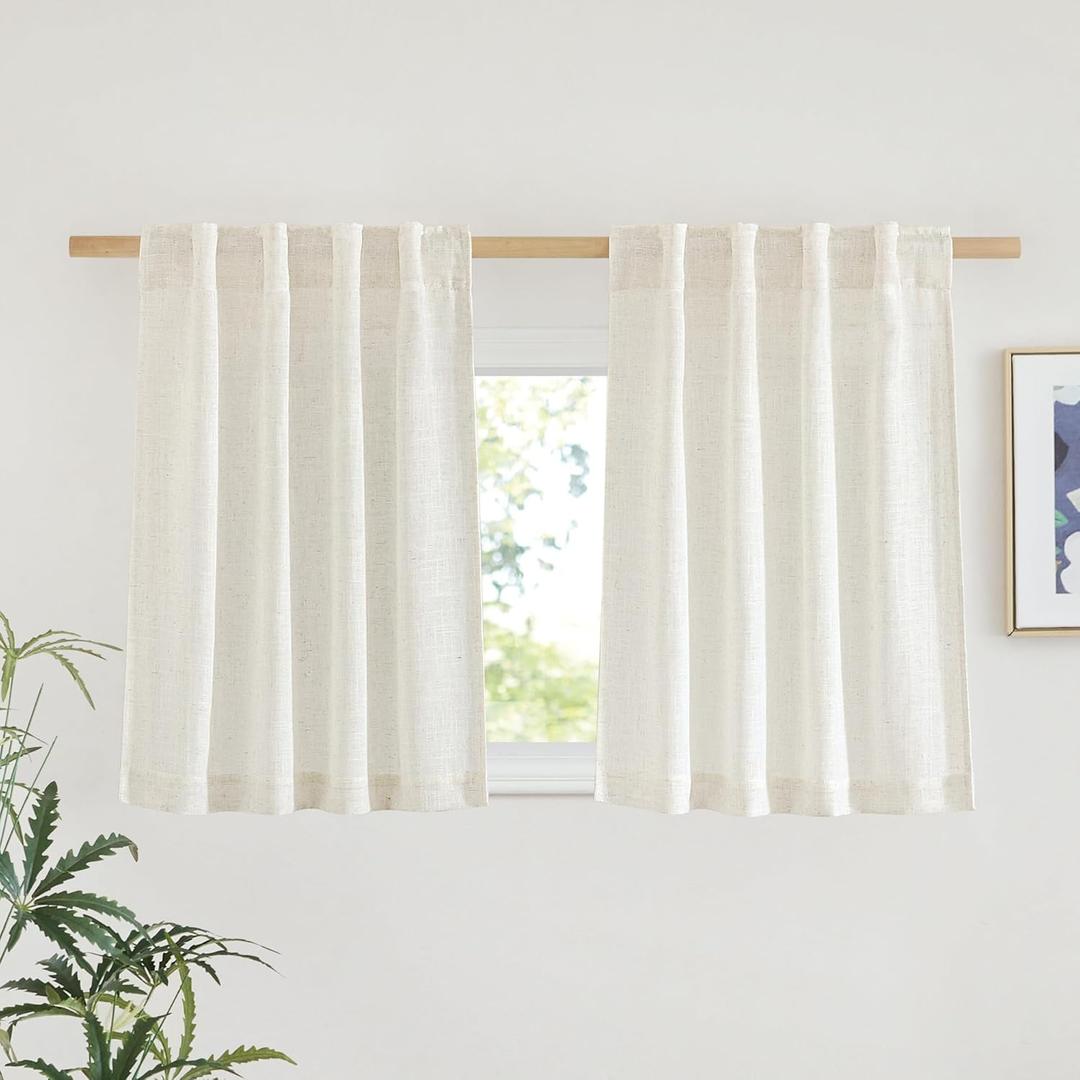 NICETOWN Cafe Curtains 30 inch Length, Rod Pocket & Back Tab Natural Linen Blend Privacy with Light Filtering Short Window Treatments for Kids Room, W29 x L30, 2 Panels
