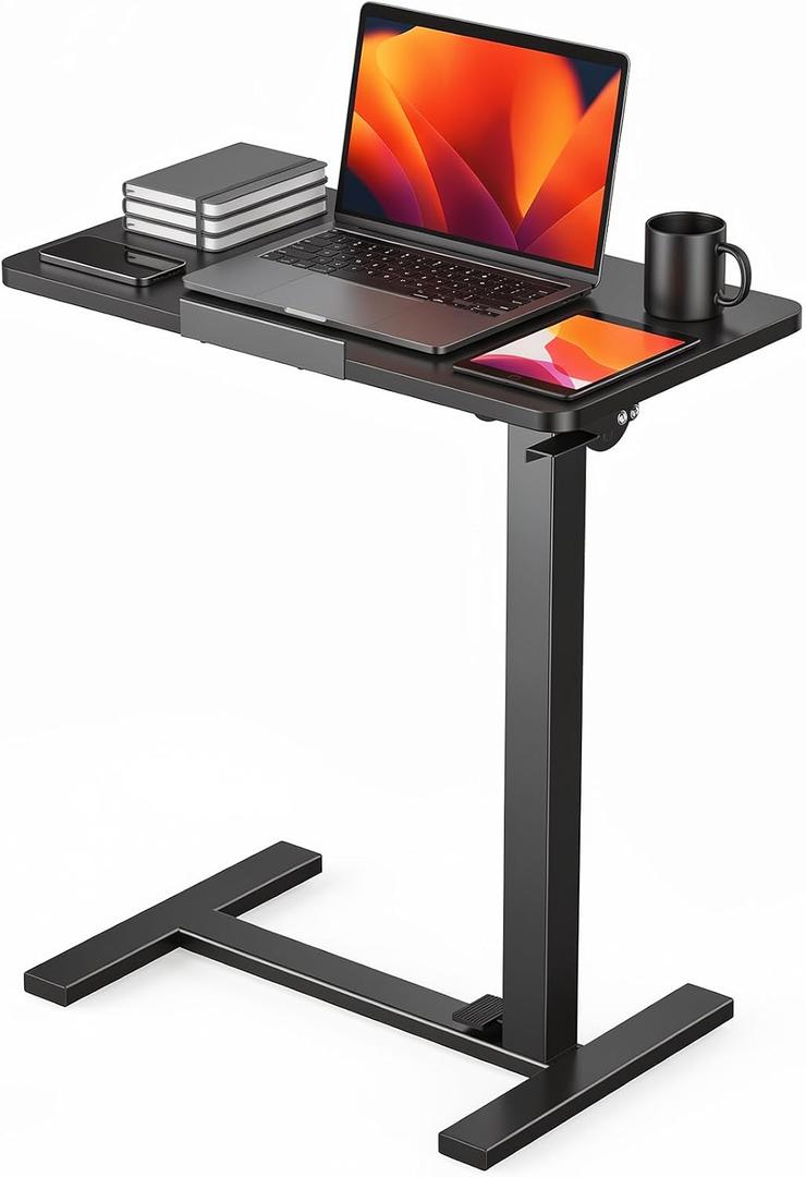 DUMOS Overbed Table with Wheels, Height-Adjustable Bedside Table, Black, 27.55*15.75*42.52inch