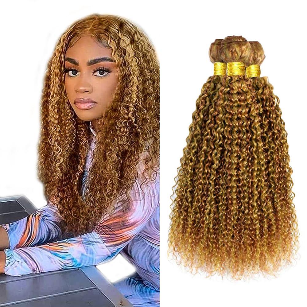 Honey Blonde Bundles Huamn Hair Highlight Curly Wave Human Hair Bundles 20 20 20 Inch Brazilian Virgin Remy Hair Extensions Deals #P2730 Honey Brown Bundle