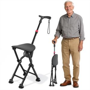 Four-Legged Cane with Seat, Unisex Cane with Seat Folding Lightweight, Adjustable Anti-Slip Cane Chair, Walking Cane with Seat Suitable for Men, Women, Adults and Seniors, SSeat height 18.23"