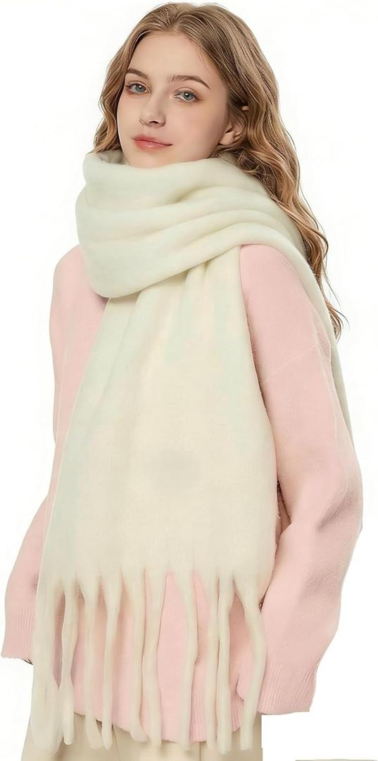 Winter Scarf for Women Oversized Chunky Plaid Scarves Large Plaid Thick Soft Warm Blanket Scarfs Tassel Shawl (Beige)