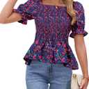 Women's Puff Short Sleeve Babydoll Tops Floral Summer Peplum Blouse Smocked Square Neck Loose Fit Ruffle Dressy Tee Shirts (Large, Blue)