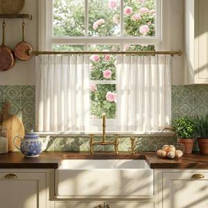 NICETOWN Pinch Pleated Linen Kitchen Curtains 24 Inches Long, 2 Panels Set Natural French Rustic Light Filtering Short Curtains for Cafe Bar Living Room Bedroom Window, 40" W x 24" L