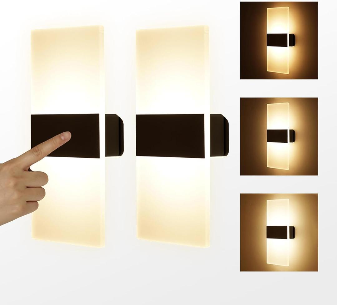MEHIDFY Wall Sconces Sets of 2, Dimmable Touch Control Wall Lamp, Rechargeable LED Wall Sconces, Battery Operated Wall Lights, Bedside Lamp, Reading Light Bedroom with 4 Brightness (Warm White) (Black)