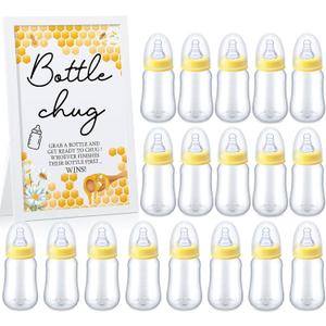 Roowest Bottle Chug Baby Shower Game Favors Including Bee Theme Wooden Sign and 18 Pcs Baby Bottles for Gender Reveal Party Supplies (Yellow)