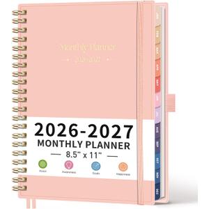 RETTACY 2026-2027 Monthly Planner, Jan 2026 - Dec 2027, Large Size (8.5" x 11"), Agenda, Calendar, 24 Month Tabs, Flexible Plastic Cover, 100 GSM Thick Paper, Spiral-bound (Pink)