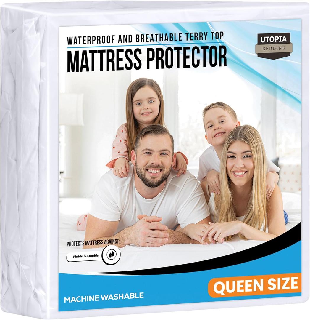 Queen Size Mattress Protector Waterproof, Premium 200 GSM Terry Mattress Cover, Soft & Breathable Bed Cover, Fitted Sheet Style Stretchable Deep Pockets 17" by Utopia Bedding (White)