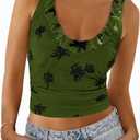 Tankaneo Womens Ruffle Deep V Neck Tank Tops Summer Sexy Floral Print Sleeveless Fitted Shirts Trendy Y2k Going Out Crop Tops (Green, L)