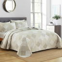 Boryard Queen Size Quilt Set, 3-Piece Lightweight Soft Full Size Summer Patchwork Reversible Bedspread Coverlet (90x90in) Bedding Set w 2 Pillow Shams, Light Beige White Plaid Floral Print