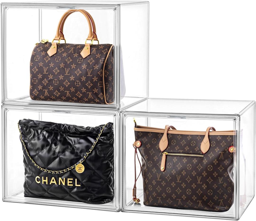 HBlife 3 Pack Purse Storage Organizer for Closet, X-Large Clear Stackable Handbag Display Case Box with Magnetic Door for Collectibles, Cosmetics, Women Heels and Toys