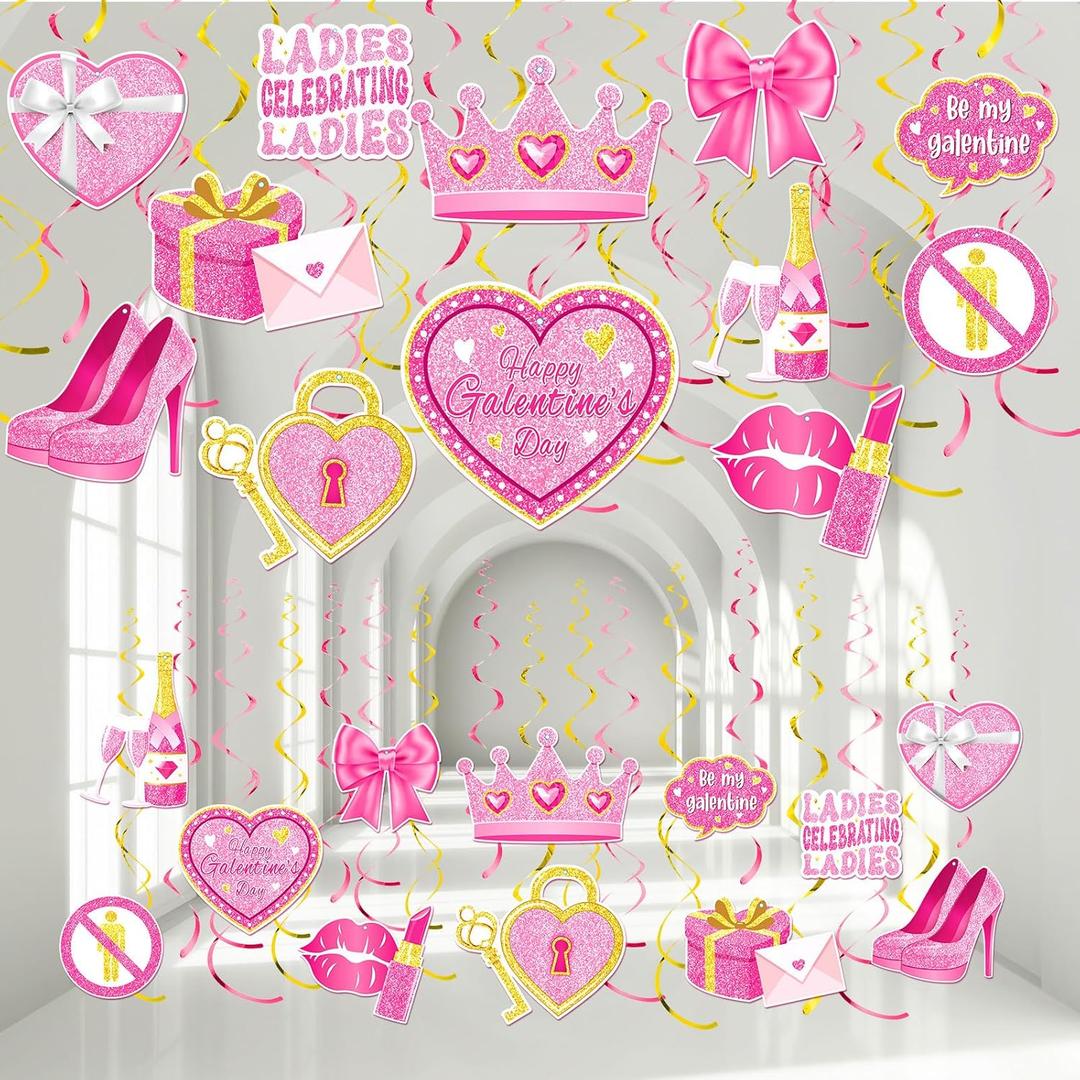 2 x Pajean 54 Pcs Galentine's Day Decorations Ladies Celebrating Ladies Hanging Swirls Double-sided Galentines Ceiling Hanging Decorations for Lady Girls Night Valentine's Day Party Supplies