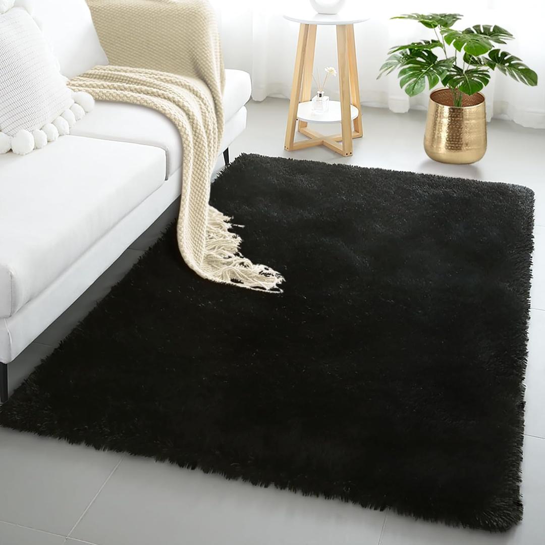 4x6 Black Fluffy Shag Rug for Bedroom, Ultra Soft Plush Fuzzy Washable Cozy Carpet for Living Room, Modern Non Slip Floor Comfy Furry Shaggy Area Rug for Kids Baby Boys Girls Nursery Dorm