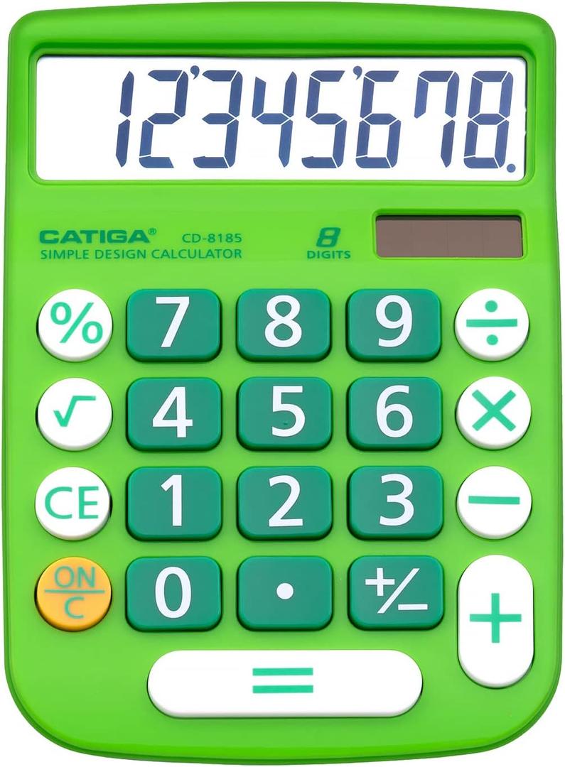 CATIGA Desktop Calculator 8 Digit with Solar Power and Easy to Read LCD Display, Big Buttons, for Home, Office, School, Class and Business, 4 Function Small Basic Calculators for Desk, CD-8185 (Green)