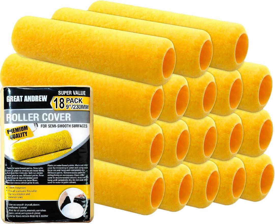 Great Andrew 18 PCS Paint Roller Covers 9 Inch, 3/8-Inch Nap Paint Roller Kit Dense Fibers for Painting Semi-Smooth Textured Surfaces Fit 9" Paint Roller Frame